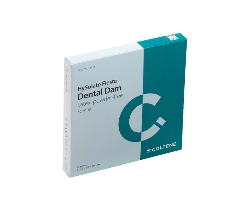 HySolate Fiesta Dental Dam Verpackung mit blau-grünem Design und Produktinformationen.
