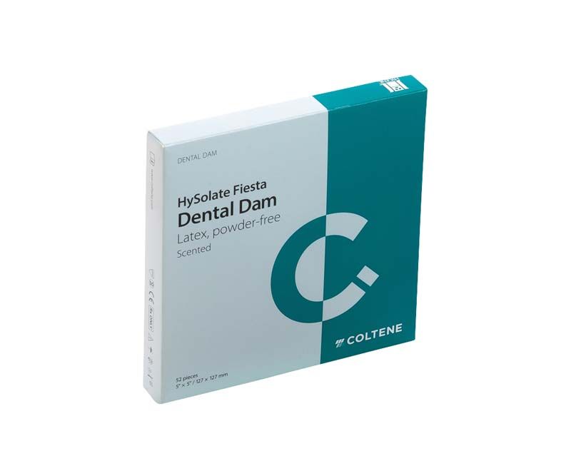 HySolate Fiesta Latex Dental Dam Verpackung in türkis-weißer Gestaltung mit Logo.