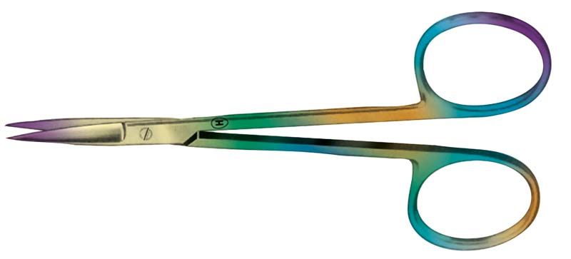 Zahnfleischschere 10,5 cm, gerade und spitz, in Regenbogenfarbe.