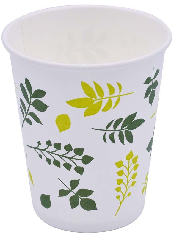 BioCup Mundspülbecher 180ml mit grünem Blattmotiv aus FSC-Papier.