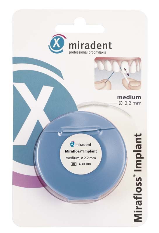 Mirafloss® Implant medium 2,2mm in blauem Spender auf Verpackung.