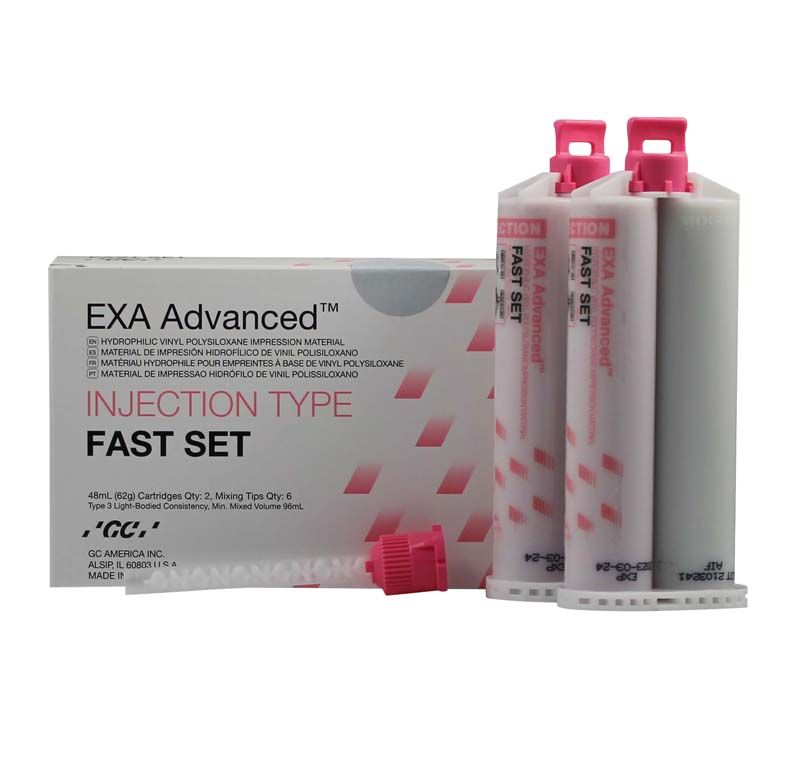 EXA Advanced™ Injection Fast Set Kartuschen vor Verpackung mit rosa Details.
