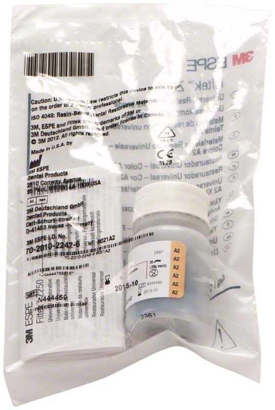 Filtek Z250 Kapseln A2 in transparenter Verpackung mit Etiketten.