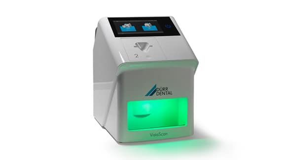 VistaScan Mini View 2.0 mit beleuchtetem Scannerfach und digitalem Display.