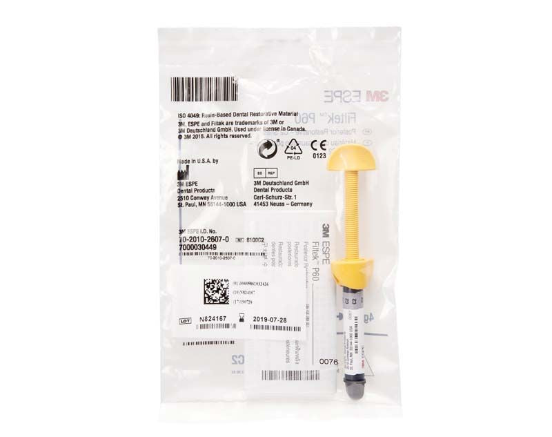 Filtek P 60 Spritze C2 mit gelbem Kolben und Verpackungsetikett.