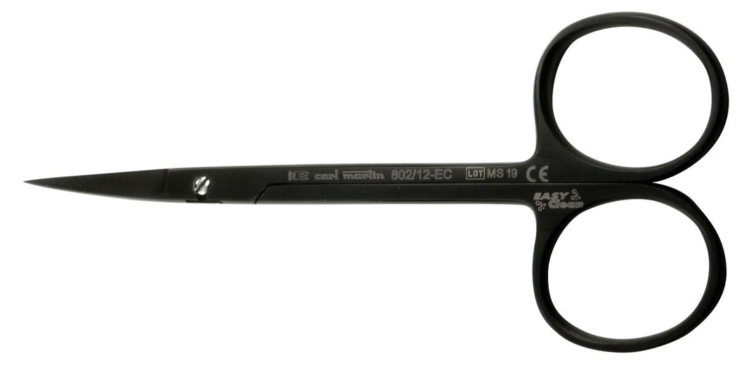 Schwarze gebogene Zahnfleischschere Iris, 12 cm, mit zwei Fingergriffen.