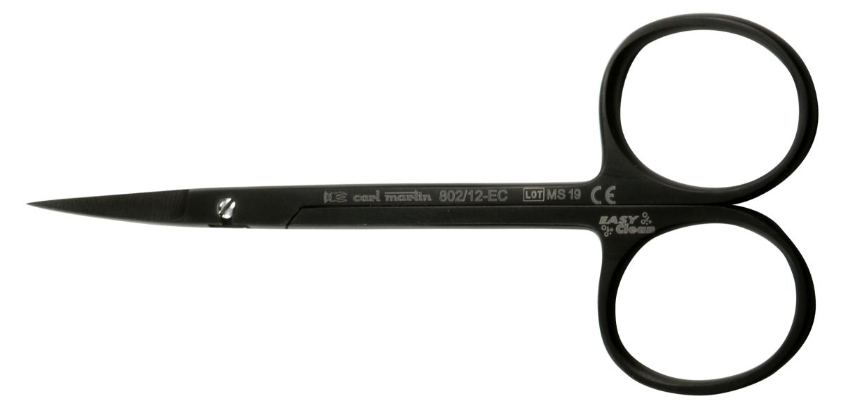 Schwarze gebogene Zahnfleischschere Iris, 12 cm, mit zwei Fingergriffen.