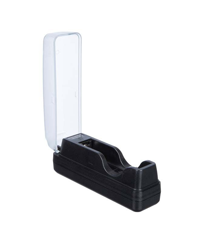 Schwarzes VALO™ X Batterieladegerät mit offenem Deckel.