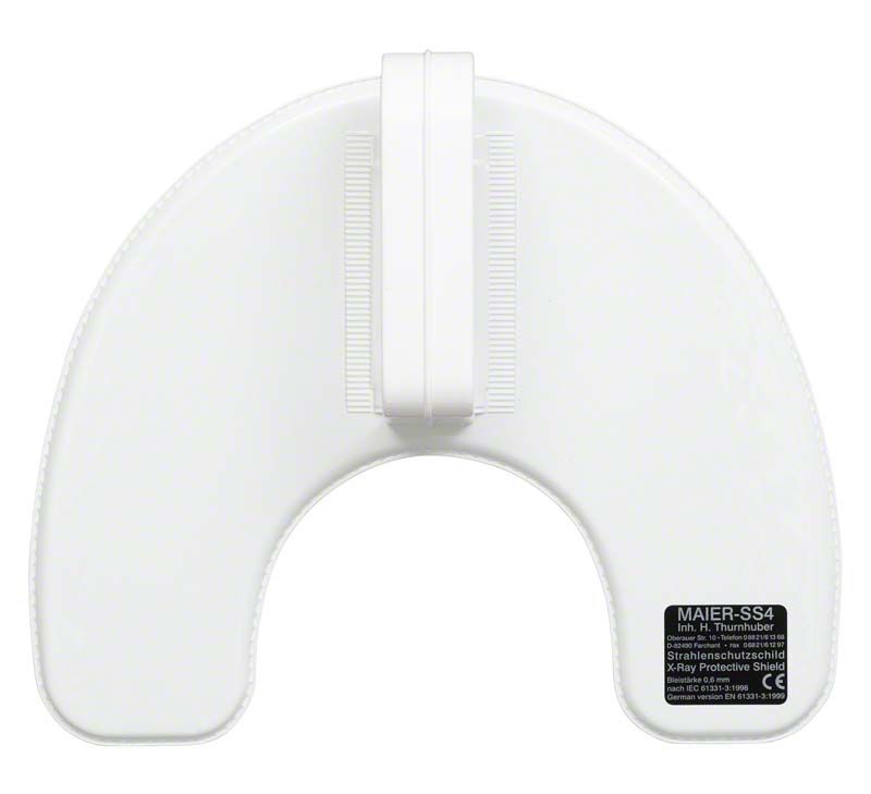 Strahlenschutzschild weiß mit auswechselbarem Handgriff für den dentalen Gebrauch.