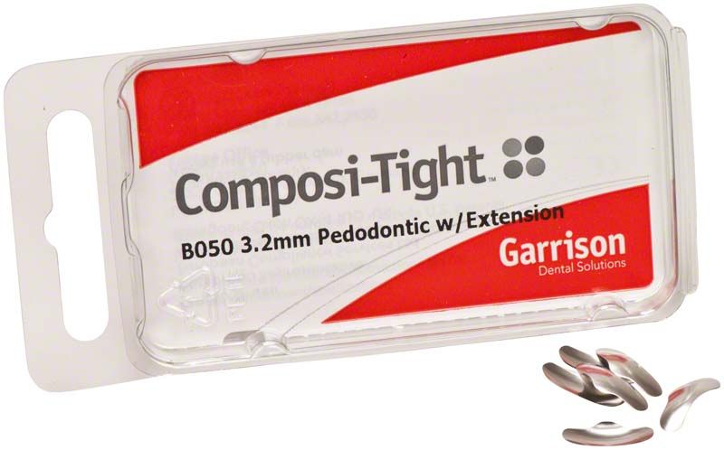 Composi-Tight Matrizen 3,2mm für pädiatrische Zahnrestaurationen, Verpackung und Matrizen sichtbar.