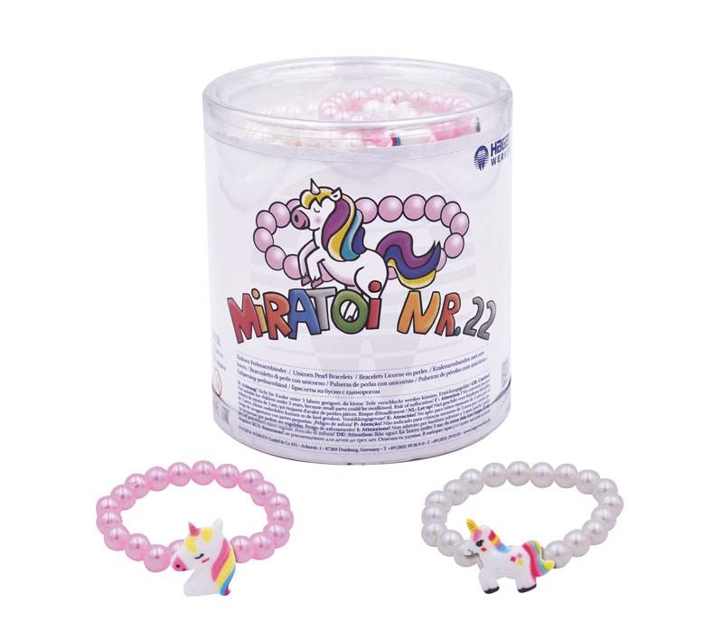 Miratoi Nr. 22 Einhorn Perlenarmbänder in Rosa und Weiß mit Einhorn-Anhänger.
