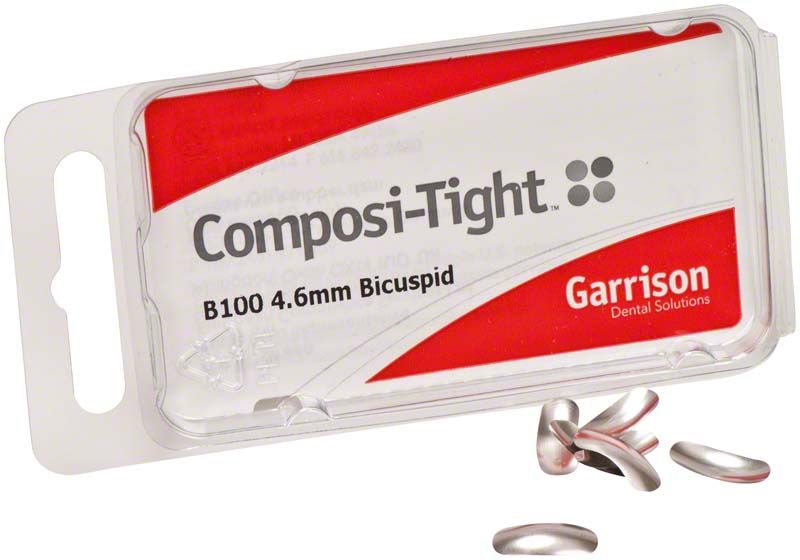 Composi-Tight Matrizen prämolar 4,6mm in roter Verpackung von Garrison Dental Solutions.