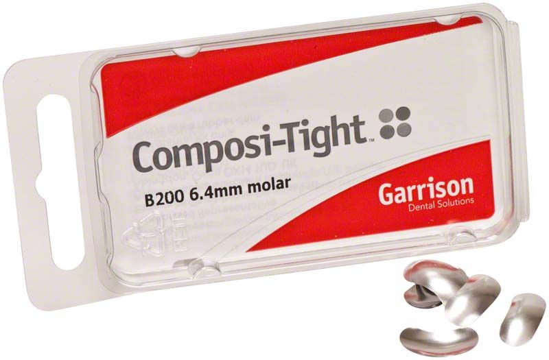 Composi-Tight Matrizen molar 6,4mm in transparenter Verpackung mit Garrison-Logo.