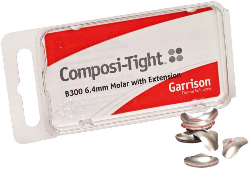 Composi-Tight Matrizen in roter Verpackung mit sichtbaren Teilmatrizen.