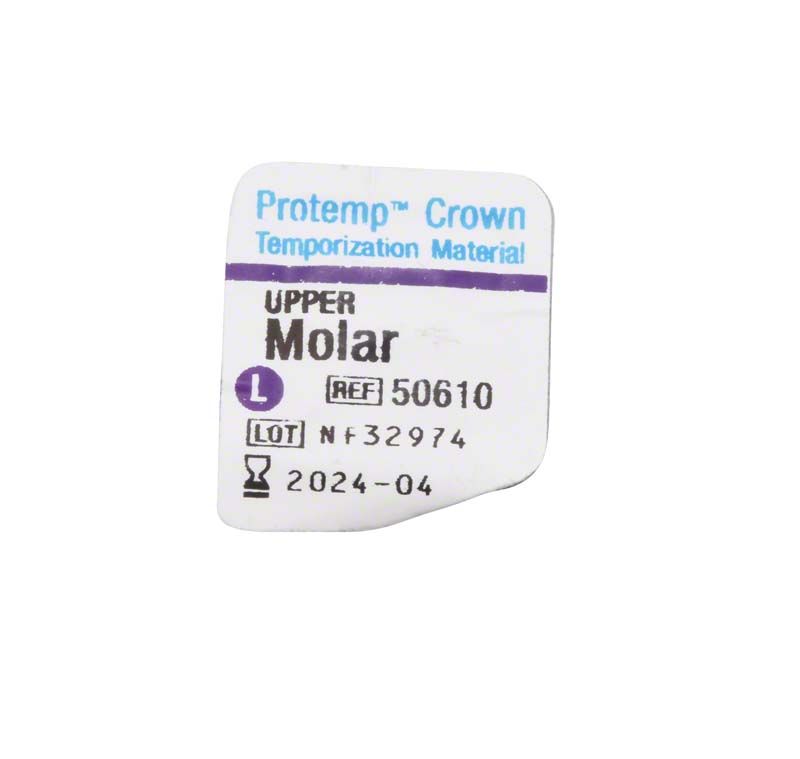 Protemp™ Crown Temporärkrone für Molaren, Verpackungsetikett mit Produktinformationen.