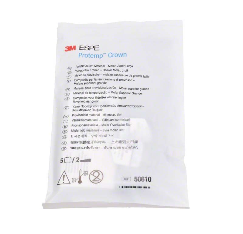 Protemp™ Crown OK Molar L in weißer Verpackung mit mehrsprachiger Produktbeschreibung.
