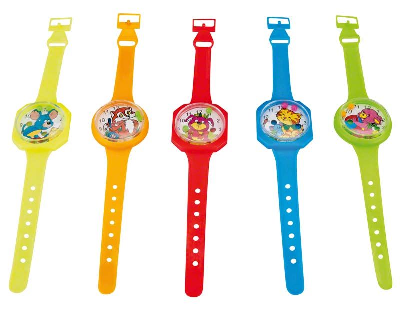 Fünf bunte Kinderspielzeug-Armbanduhren mit verschiedenen Cartoon-Motiven.