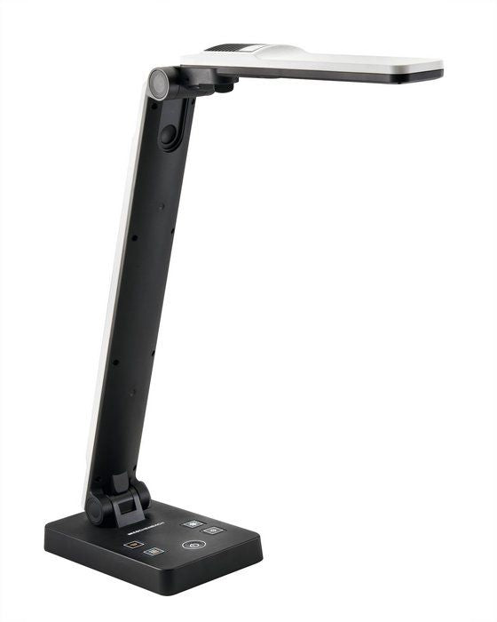 Moderne Tischleuchte elumentis LED mit schwarzem Standfuß und verstellbarem Arm.