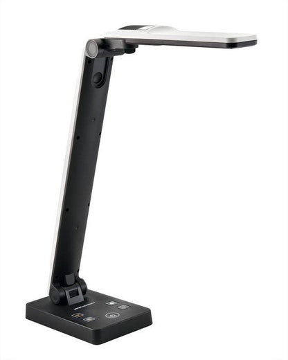 Moderne Tischleuchte elumentis LED mit schwarzem Standfuß und verstellbarem Arm.