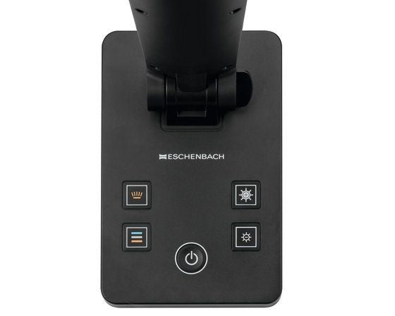 Schwarze Basis der Tischleuchte elumentis LED mit Bedienfeld und Logo.