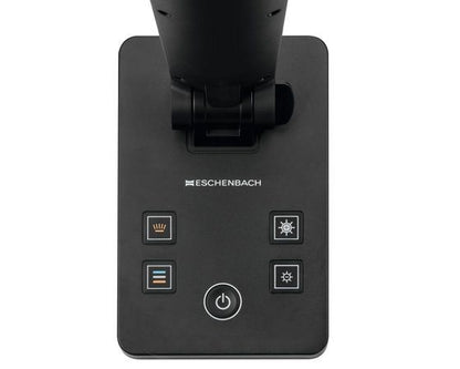 Schwarze Basis der Tischleuchte elumentis LED mit Bedienfeld und Logo.