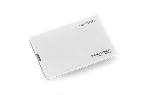 easyPOCKET weiß 6,0x Vergrößerungsglas mit Eschenbach-Logo auf weißem Hintergrund