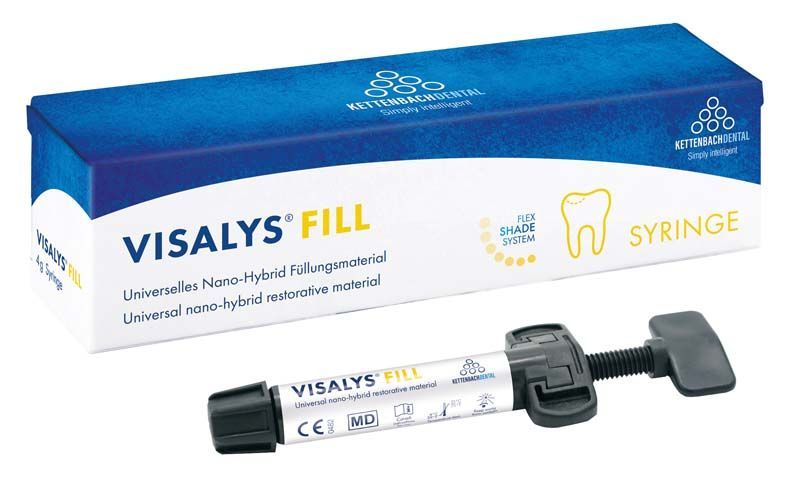 Visalys® Fill Spritze A3 vor Verpackung mit Zahn- und Flex Shade System-Logo.