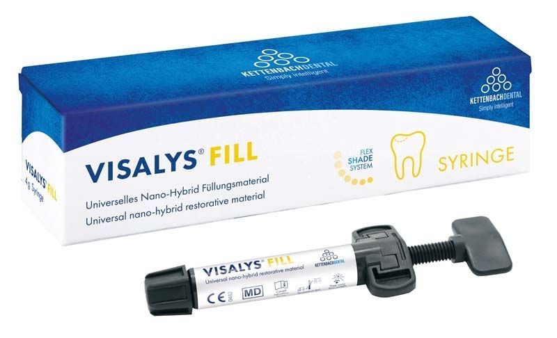 Visalys® Fill Spritze A4 und Verpackung mit Zahnsymbol.