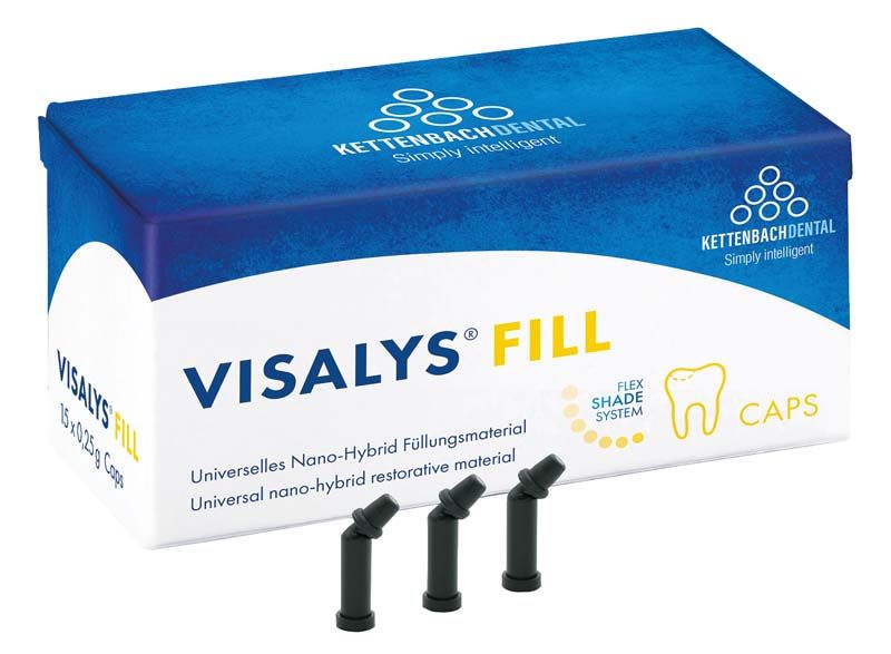 Verpackung von Visalys® Fill Caps A3 mit drei schwarzen Applikatoren.