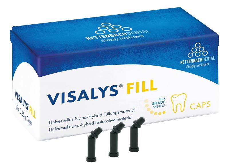 Visalys® Fill Caps A3,5 Verpackung mit drei schwarzen Kappen vorne.