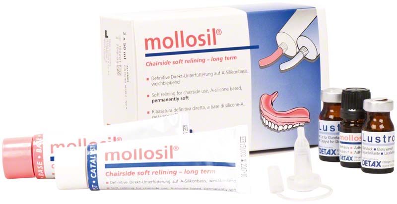 mollosil® Standardpackung mit Tuben, Mischkanüle und Detax-Fläschchen für Prothesenunterfütterung