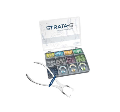 Strata-G™ Teilmatrizensystem mit Matrizenringen und Matrizenbändern in Aufbewahrungsbox.