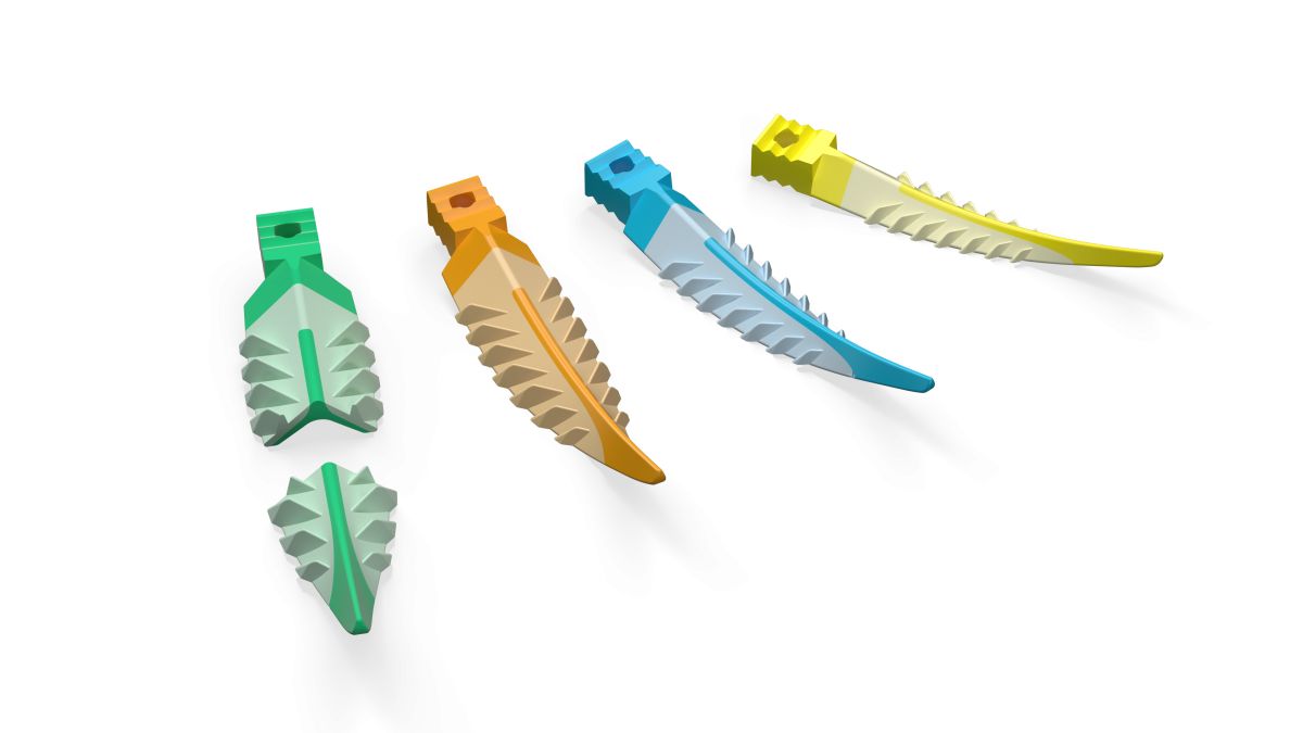 Fünf farbige Strata-G™ Matrizenkeile auf weißem Hintergrund.