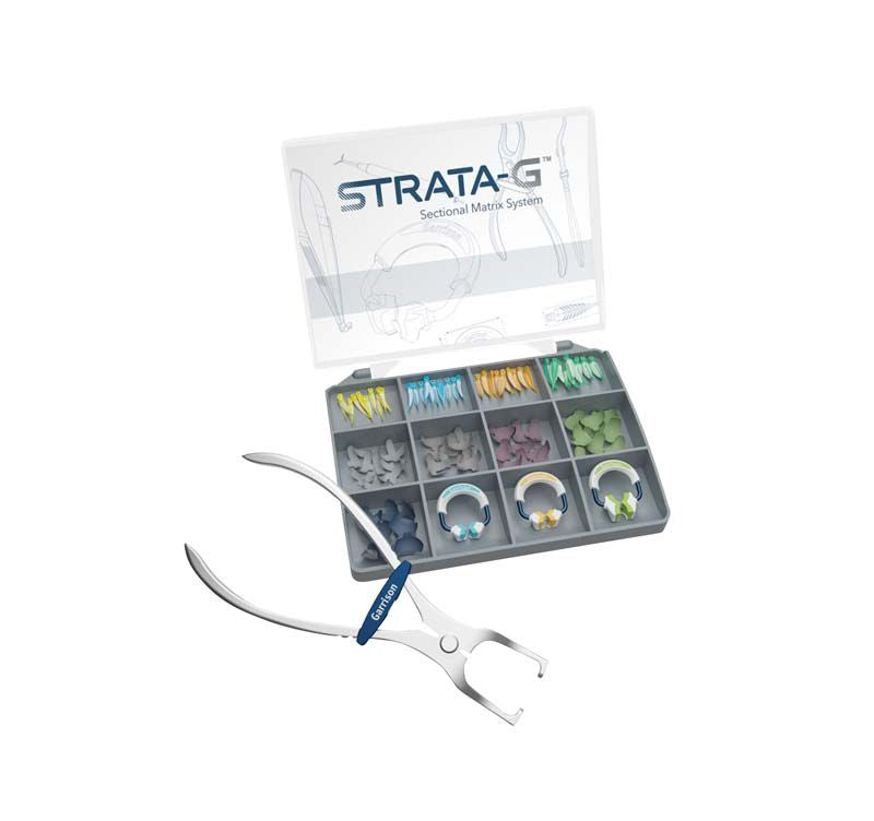 Strata-G™ Teilmatrizensystem mit 94 dentalmedizinischen Komponenten und Zange.