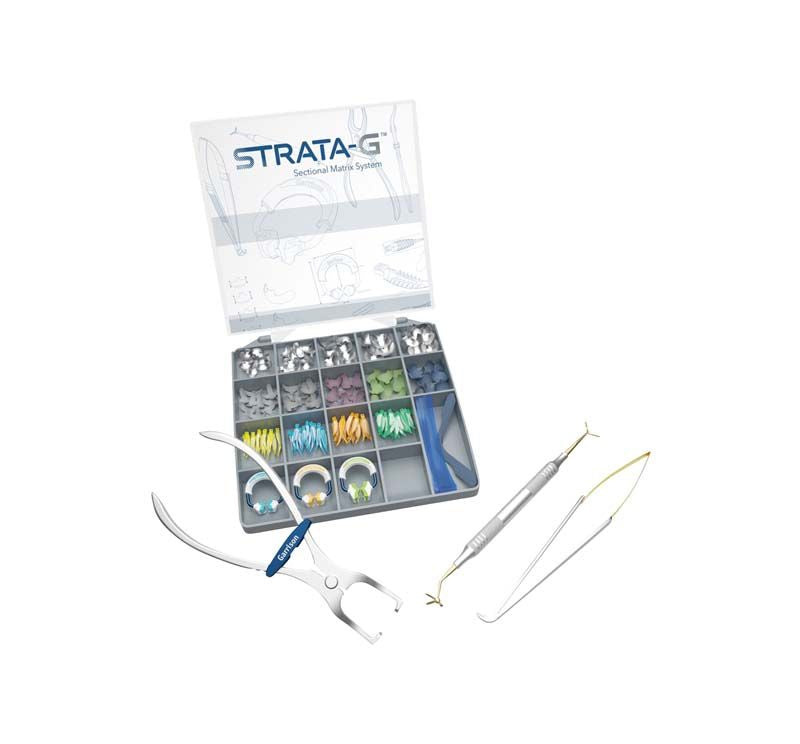 Strata-G™ Teilmatrizensystem mit Matrizenringen, Bändern und Keilen in Box.