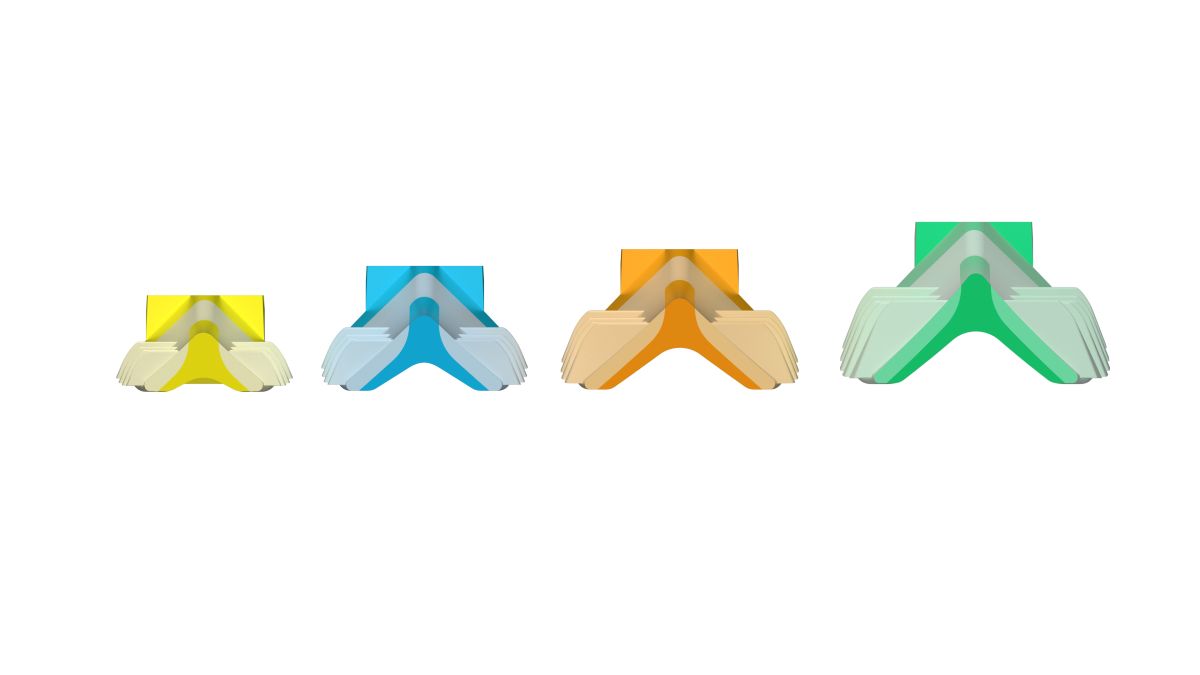Mittlerer orangefarbener Strata-G™-Keil mit V-förmigem Lamellendesign, Ansicht von oben.