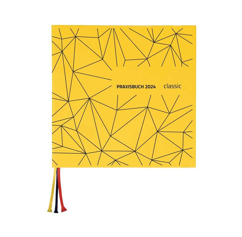 Praxisbuch "Classic" 2024 mit geometrischem Muster auf gelbem Einband.