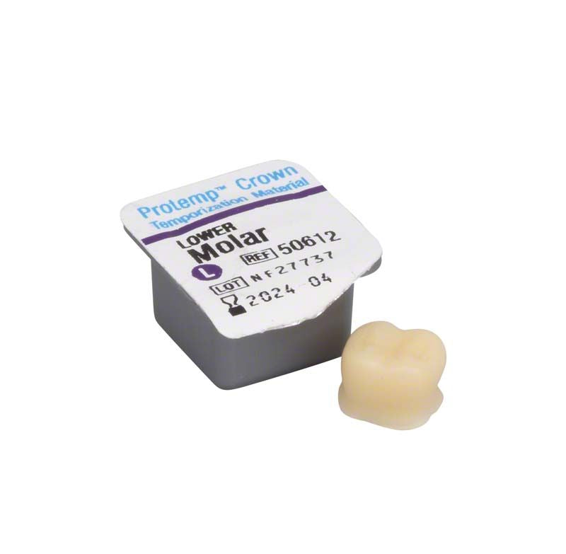 Protemp™ Crown UK Molar L mit Verpackung und Einzelkrone.