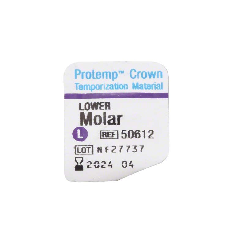 Protemp™ Crown UK Molar L Etikett mit Produktinformationen und Referenznummer.