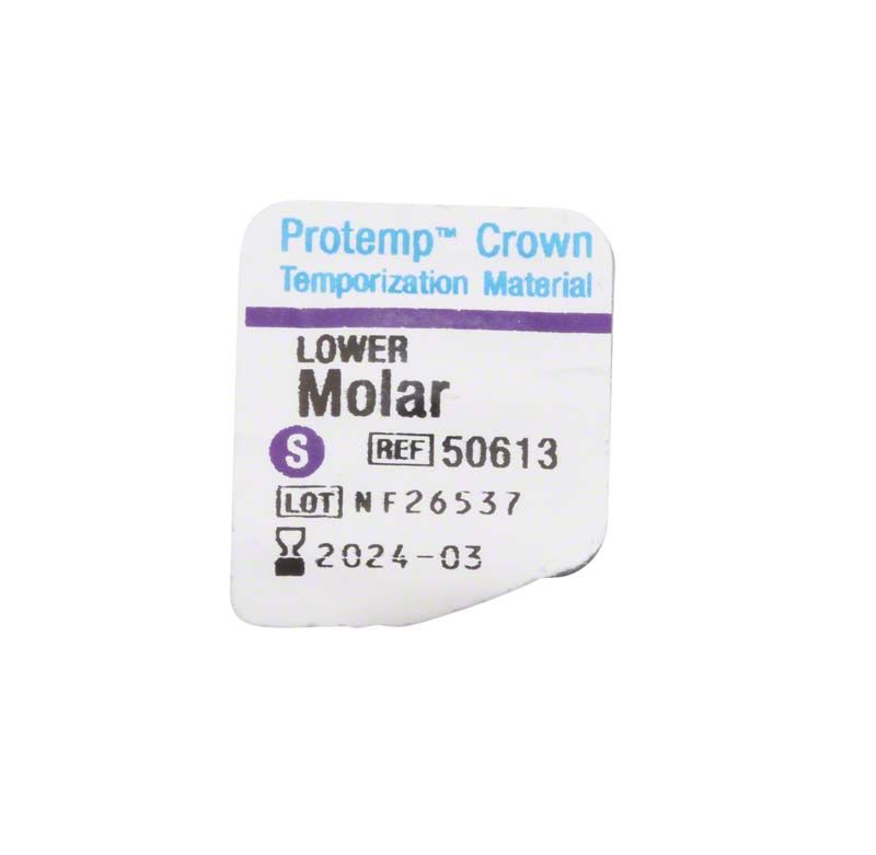 Protemp™ Crown UK Molar S Verpackungsetikett mit Produktinformationen und Haltbarkeitsdatum.