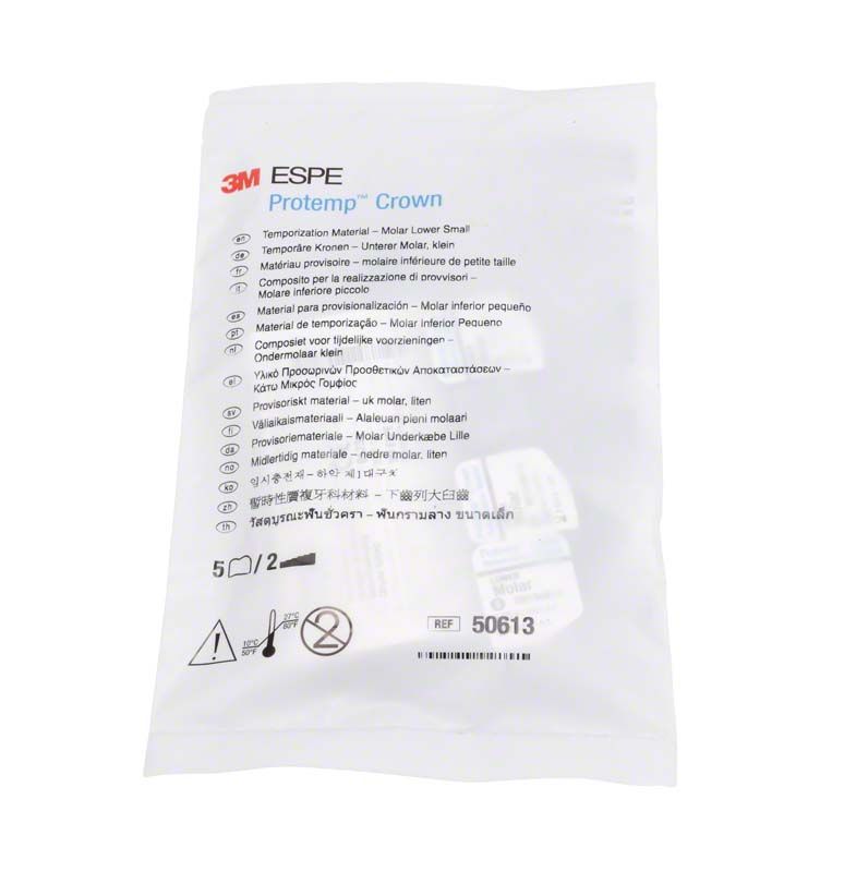 Protemp™ Crown UK Molar S in versiegelter Verpackung mit Produktinformationen.