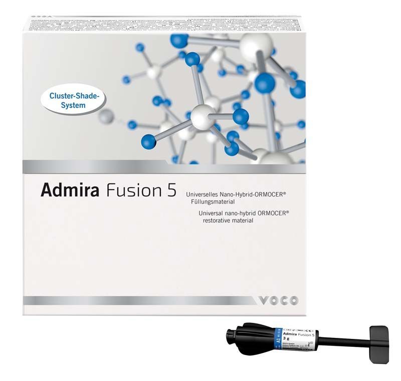 Admira Fusion 5 Spritzen Pa 5x3g mit Verpackung und molekularem Grafikdesign.
