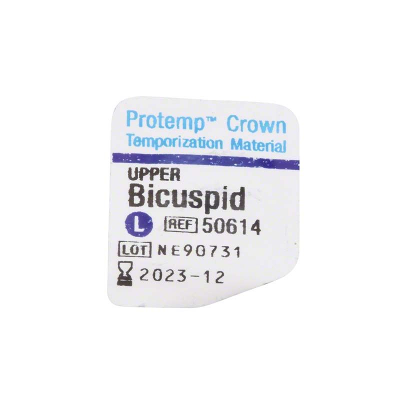 Protemp™ Crown OK Prämolar L Etikett mit Produktinformationen und Ablaufdatum.