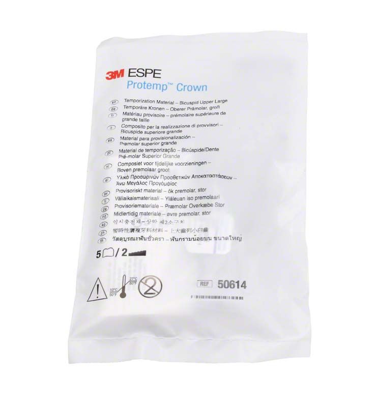 Protemp™ Crown OK Prämolar L Verpackung mit Anwendungshinweisen und Produktdetails.