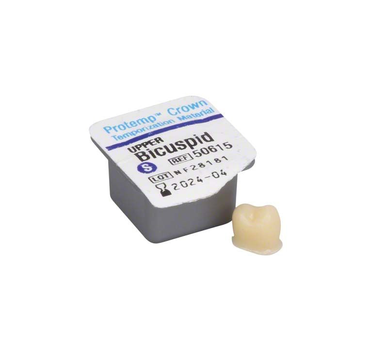 Protemp™ Crown OK Prämolar S mit Verpackung und Einzelkrone.