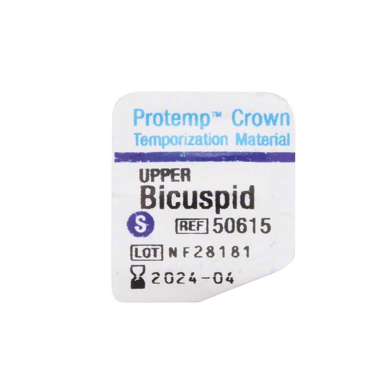 Protemp™ Crown Temporization Material Etikett mit Artikelnummer und Verfallsdatum.
