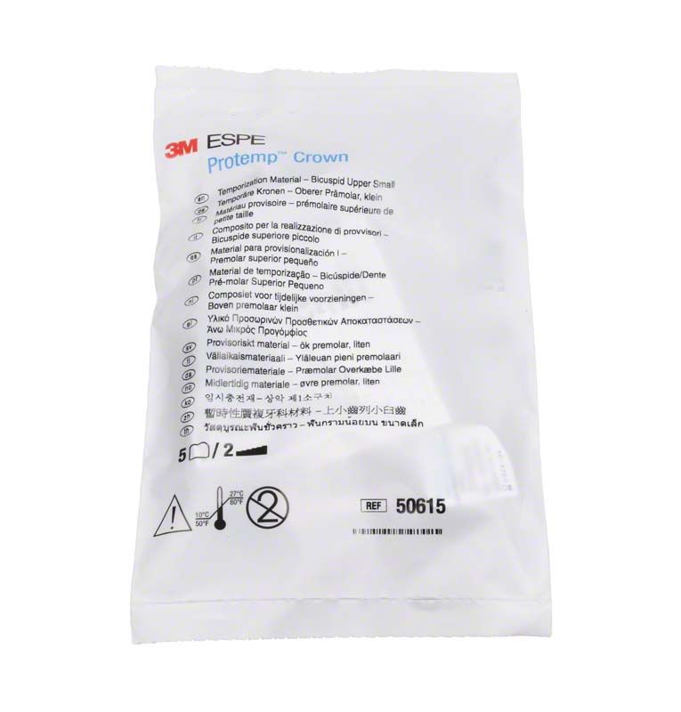 Transparente Verpackung der Protemp™ Crown OK Prämolar S mit mehrsprachiger Beschriftung.