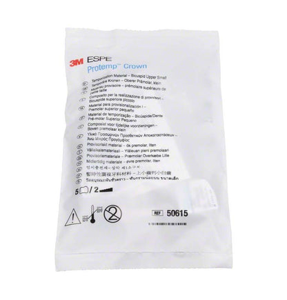 Transparente Verpackung der Protemp™ Crown OK Prämolar S mit mehrsprachiger Beschriftung.