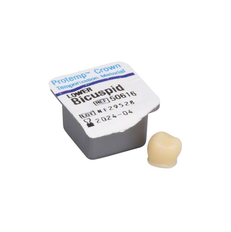 Protemp™ Crown UK Prämolar Temporärkrone neben Verpackung auf weißem Hintergrund.