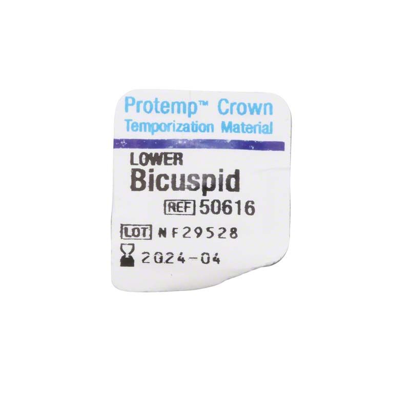 Protemp™ Crown UK Prämolar Etikett mit Produktinformationen auf weißem Hintergrund.